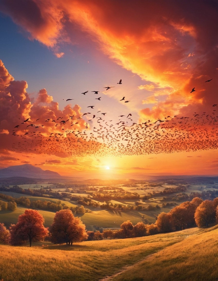 nature, birds, flock, sunset, sky