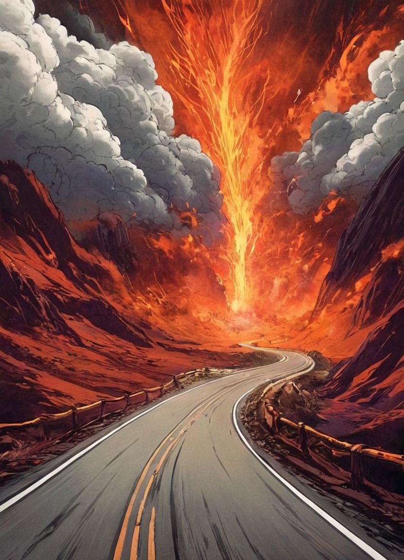 digitalart, wallpaper, dreamup, fiery, hellish, highway, highwaytohell, infernal, road, scary, collaborative_art, fixer_upper, ai_art, prompt_included, iterative_refinement, free_to_modify, remix_allowed, derivative_friendly