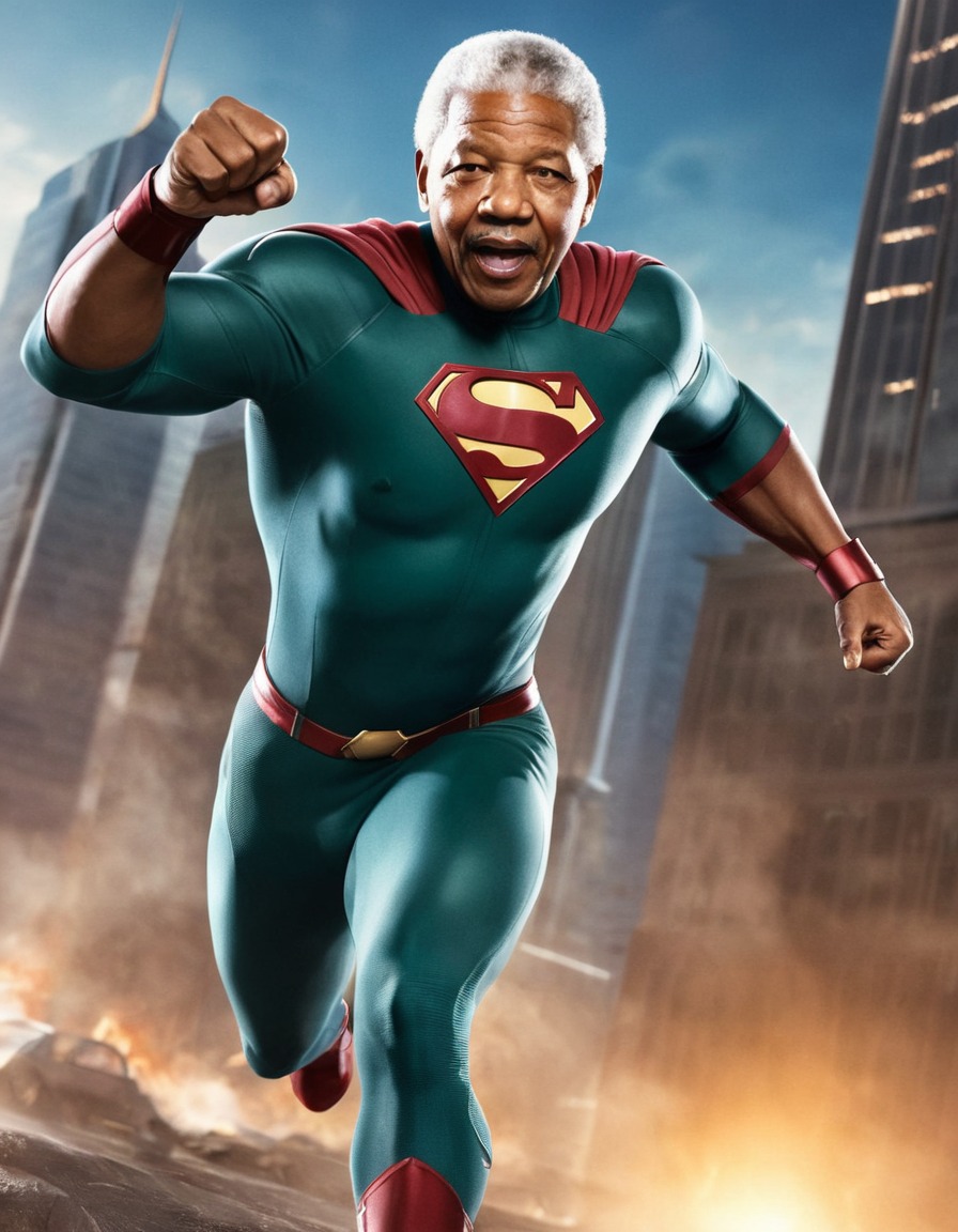 nelson mandela, superhero, futuristic city, justice, activism