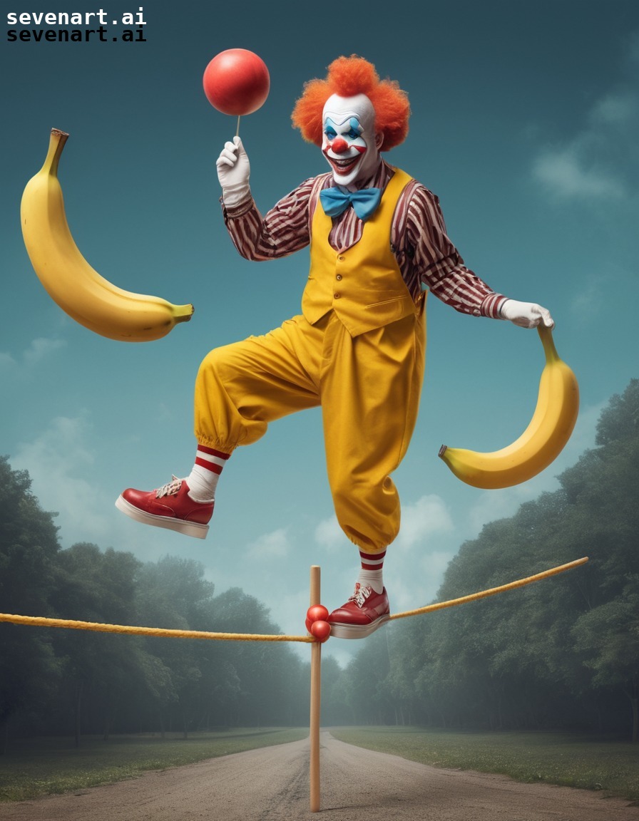 clown, tightrope, juggling, bananas, oversized shoes, fun, people