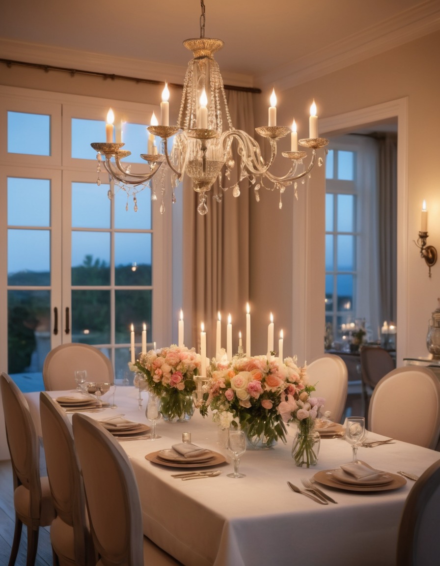 romantic dinner, dining room, table setting, candles, fresh flowers, home, interior