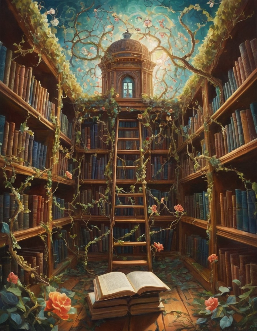 library, fantasy, imagination, books, nature, plants, surreal