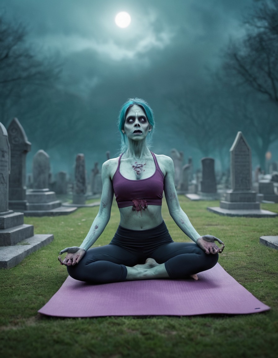 zombie, yoga, graveyard, strange, undead, spirituality, humor