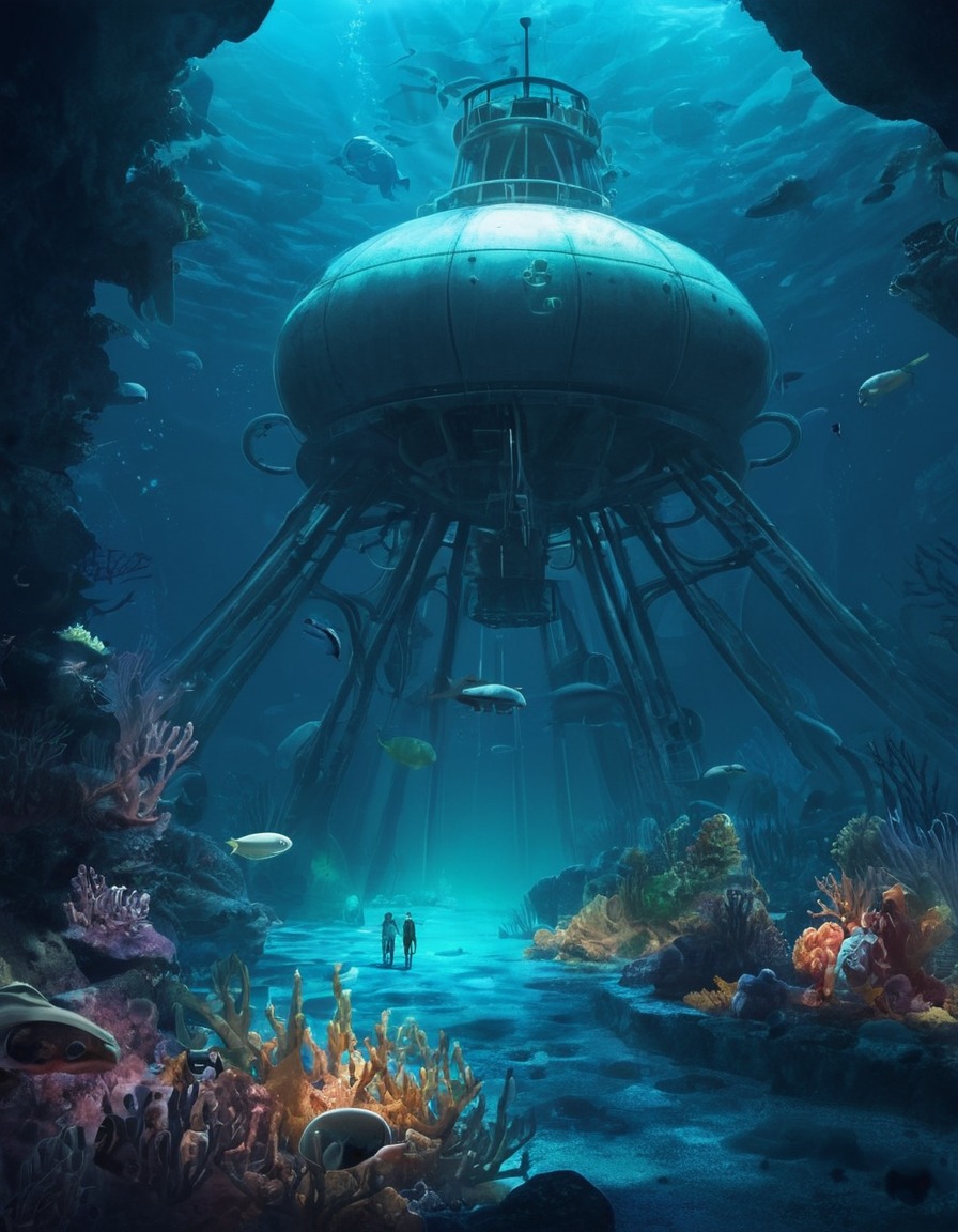 underwater, research facility, deep-sea creatures, scientists, advanced technology, future