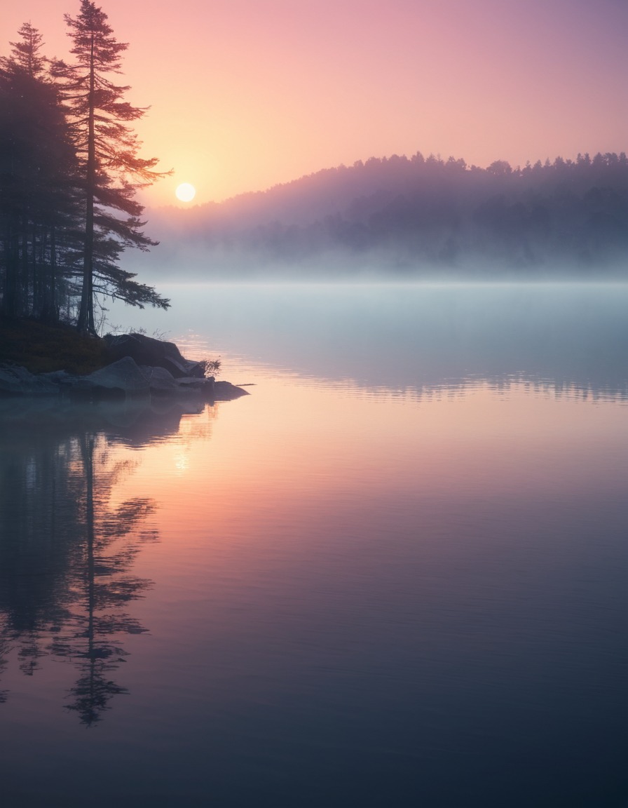 nature, sunrise, lake, mist, serenity