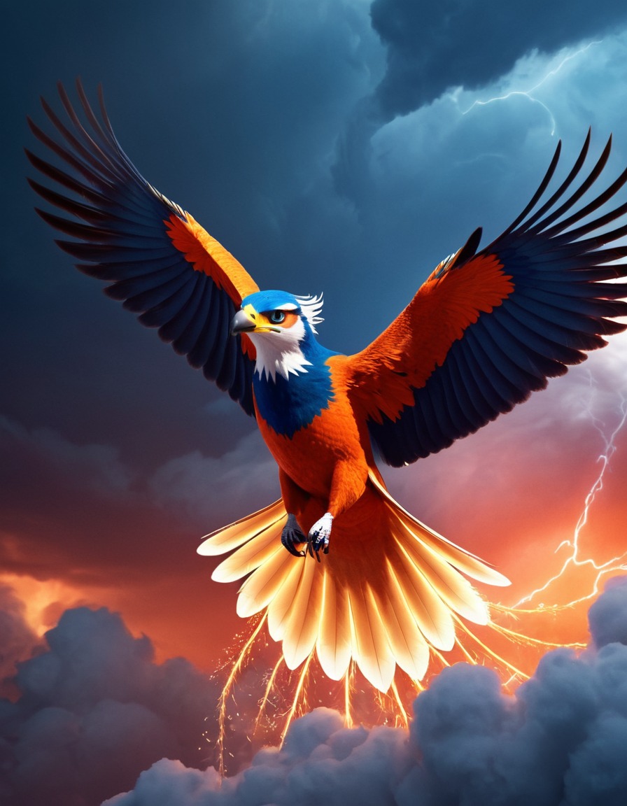 thunderbird, majestic, soaring, storm clouds, sky, bird, illustration