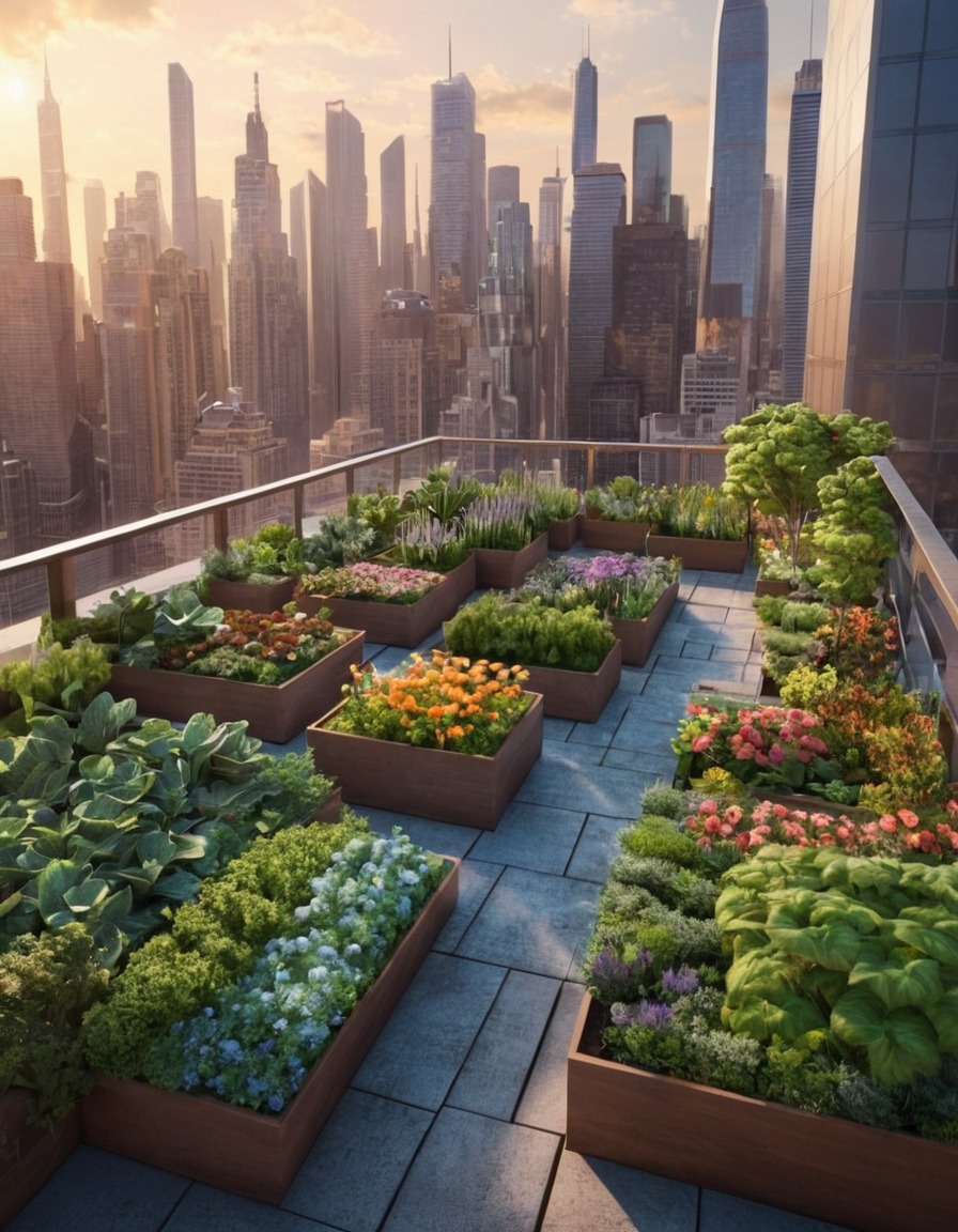 cityscape, rooftop garden, skyscrapers, urban environment, nature, city