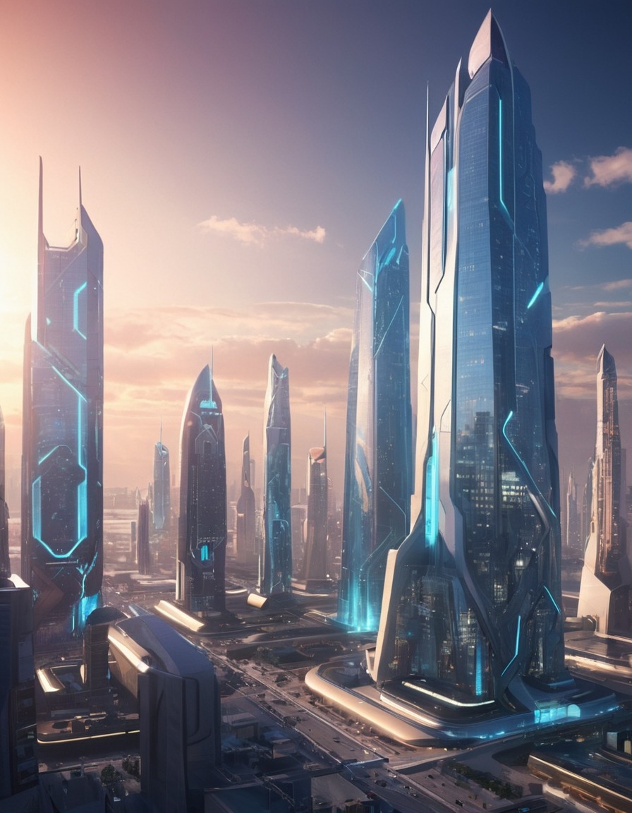 futuristic, cityscape, modern style, architecture, geometric buildings