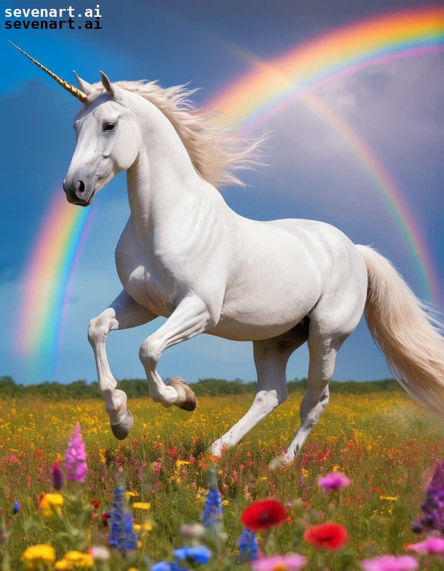 unicorn, galloping, wildflowers, colorful, rainbow