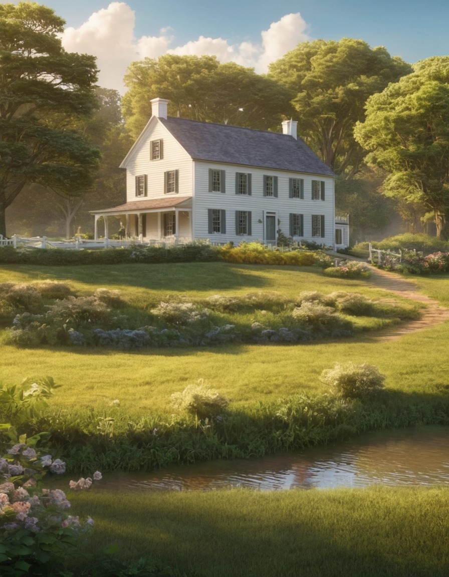 colonial architecture, farmhouse, countryside, serene landscape, architecture