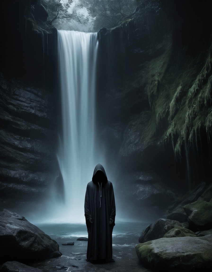 mystical, hooded figure, chanting, waterfall