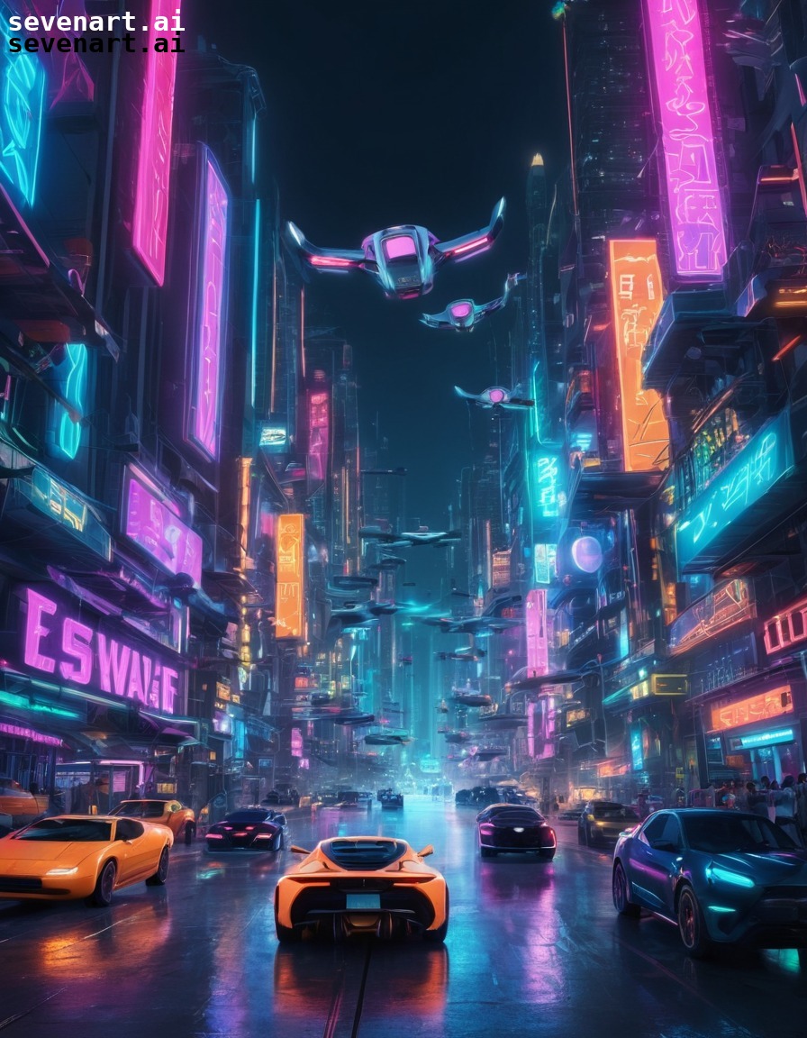 futuristic, cityscape, flying cars, neon lights, technology, future