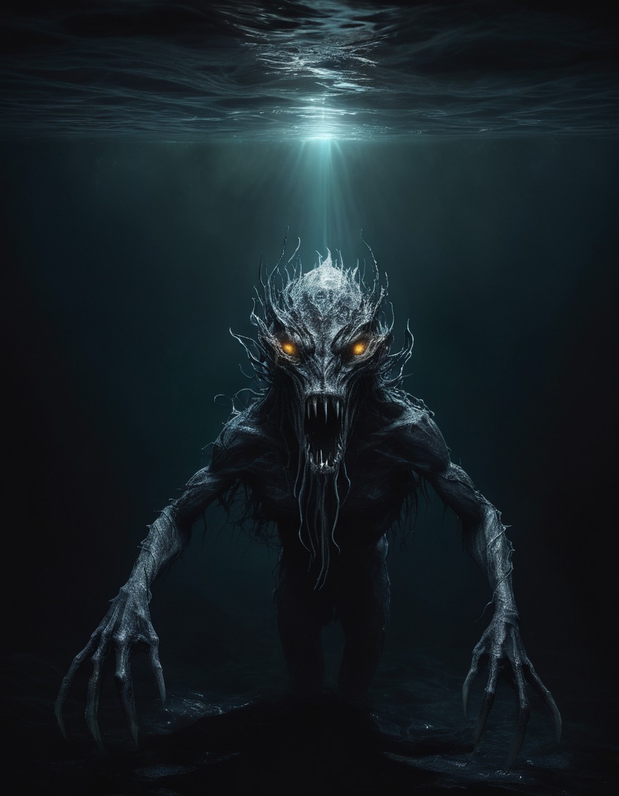 mystical creature, dark lake, emergence, mythical, fantasy, legend, enchantment