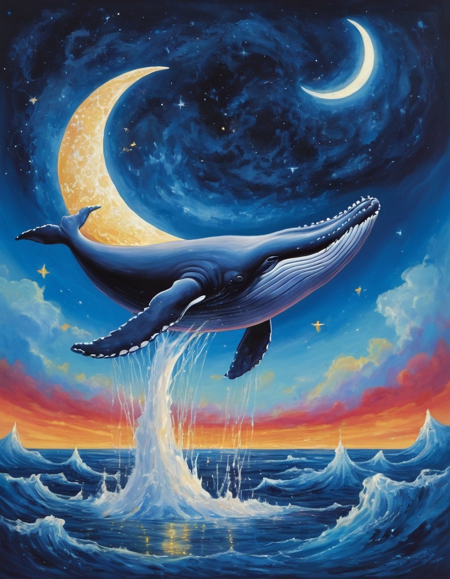 whale, moon, stars, fantasy, surreal