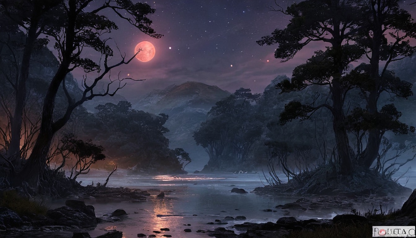 digitalart, digitalpainting, wallpaper, forest, reflection, fantasyart, horror, sky, animestyle, forestscene, horrorfantasy, lakeeerie, lakescape, landscapescenery, moonlight, redmoon, wallpaperdesktop, wallpapers, wallpaper4k, wallpaper3840x2160