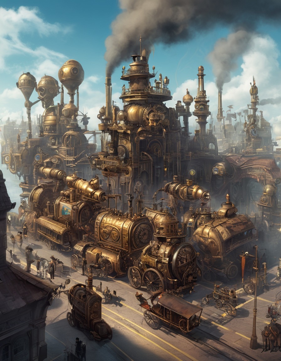 steampunk, metropolis, clockwork automatons, steam-powered vehicles, futuristic, fantastic