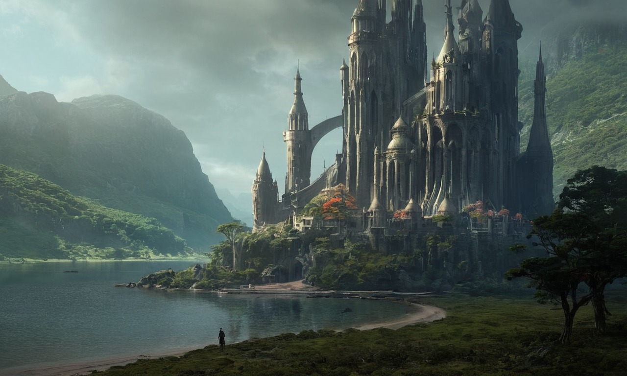 castle, landscape, mattepainting, mood, mountain, ruins, scenery, village, raphaellacoste, art, conceptart, illustration