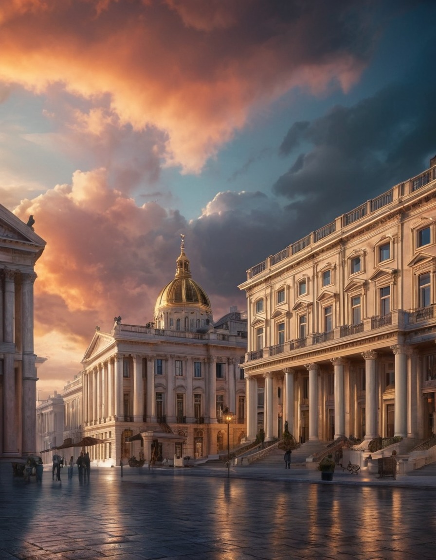 neoclassical architecture, cityscape, dramatic sky, architecture