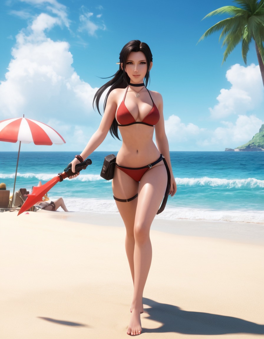 tifa lockhart, final fantasy vii, beach, bikini, fan art, games, girls from games