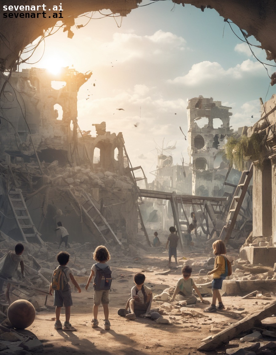 war, playground, children, ruins, play