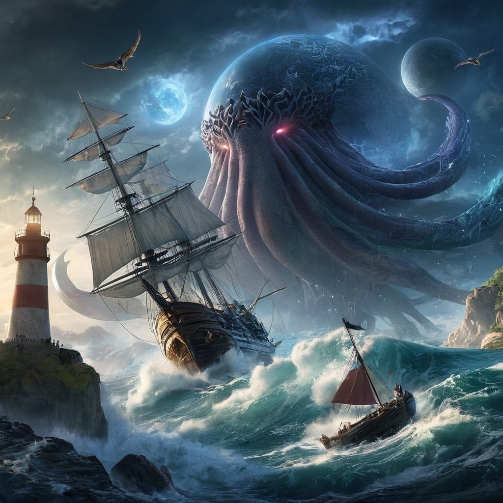 fantasyart, horror, sea, creature, squid