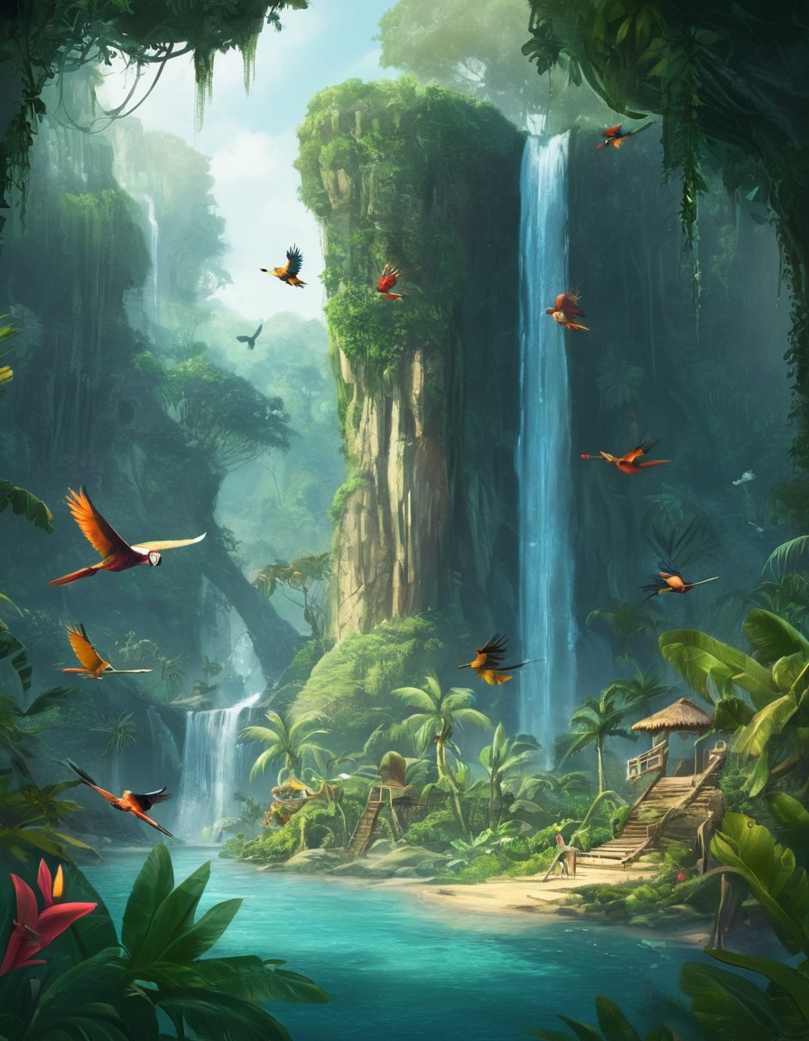 nature, waterfall, jungle, wildlife, hidden oasis, fantastic