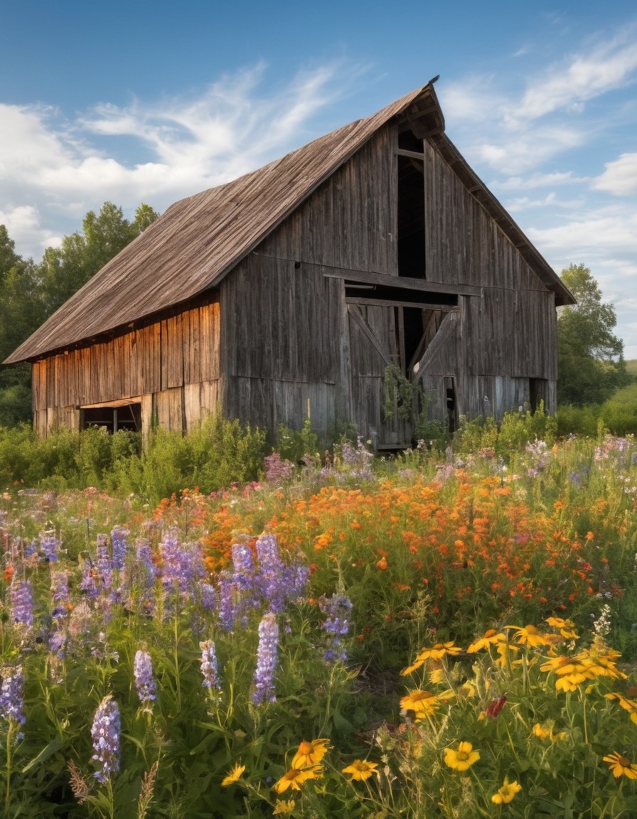 withered, wooden barn, overgrown, wildflowers, rural, countryside