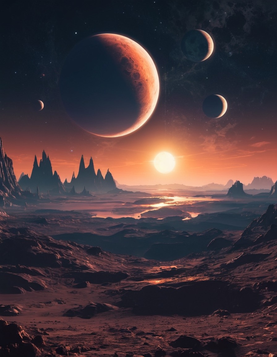 alien world, moons, sky, reflection, distant sun, space, stars