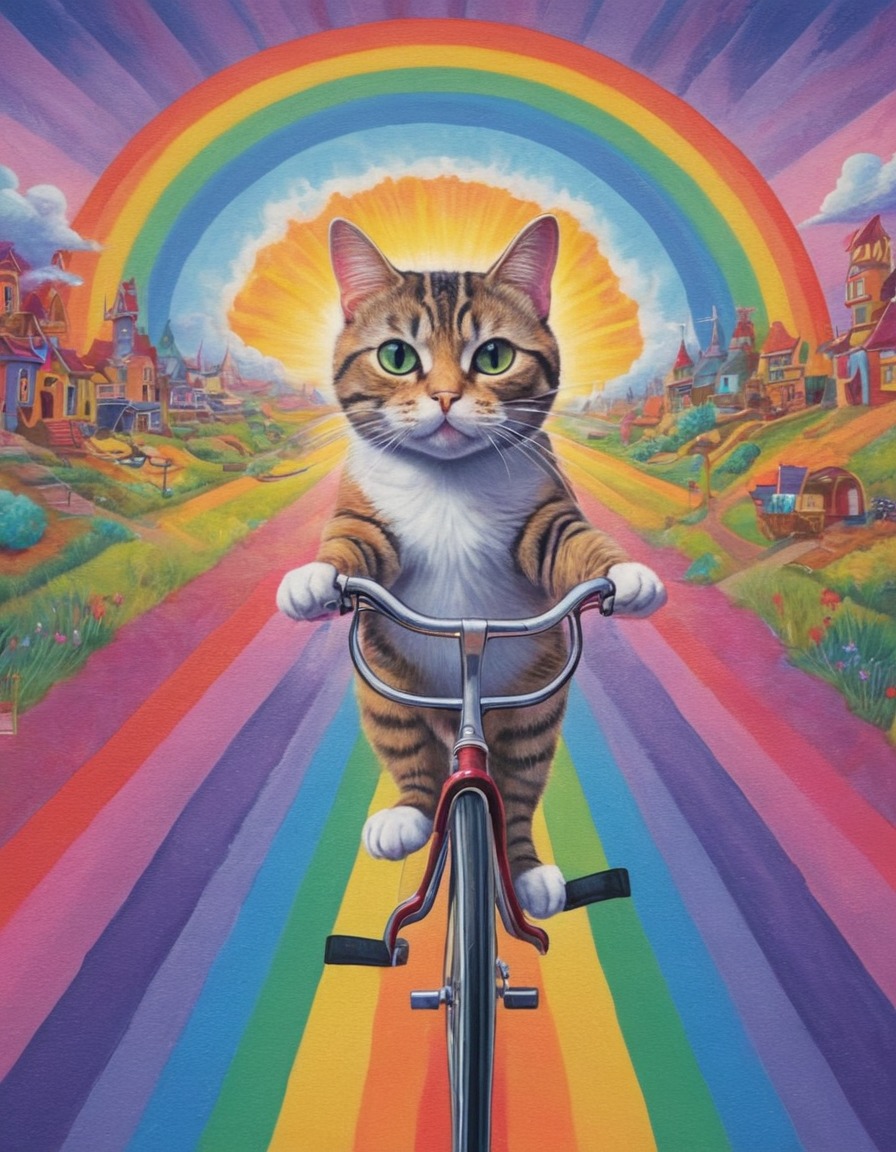 cat, bicycle, rainbow road, whimsical, surreal