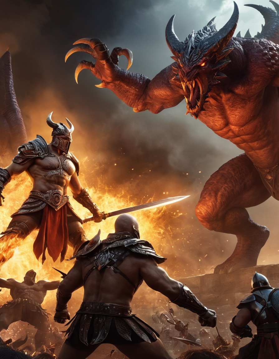 ares, epic, fight scene, monsters