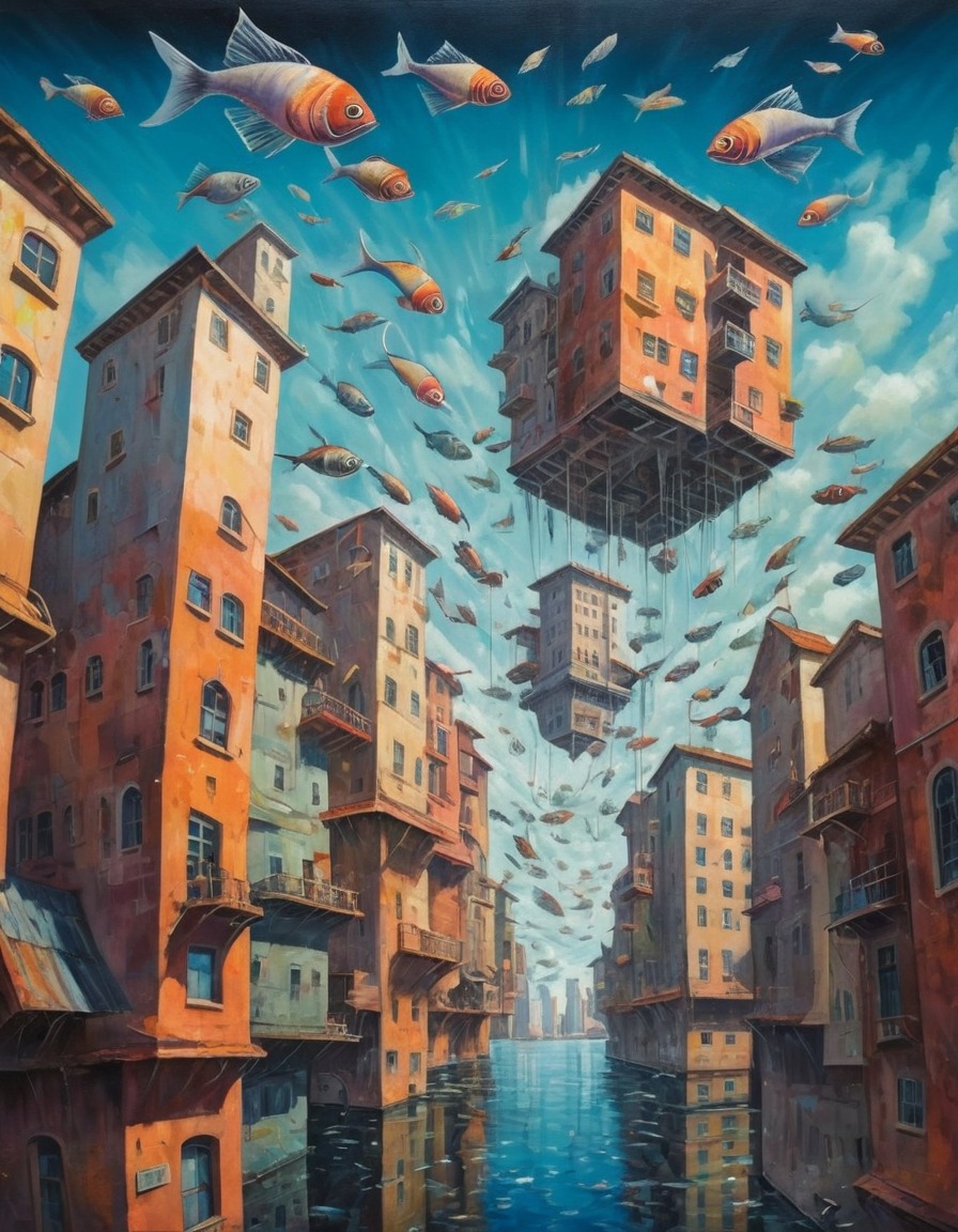 fantasy, surreal, upside down, floating city, flying fish, whimsical