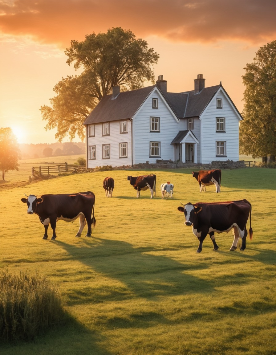 farmhouse, sunset, cows, field, rural landscape