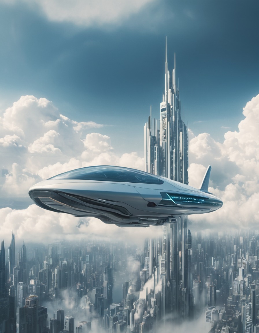 flying vehicle, clouds, futuristic, metropolis, technology, future