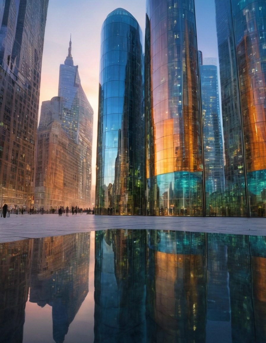 cityscape, reflections, glass buildings, urban landscape, architecture