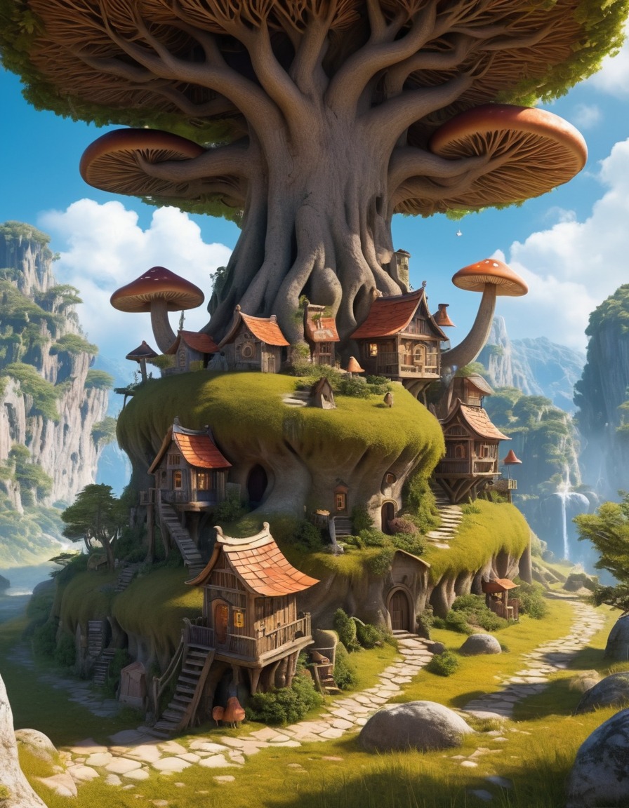 fantasy, mystical, mushroom houses, village, ancient tree, fantastic