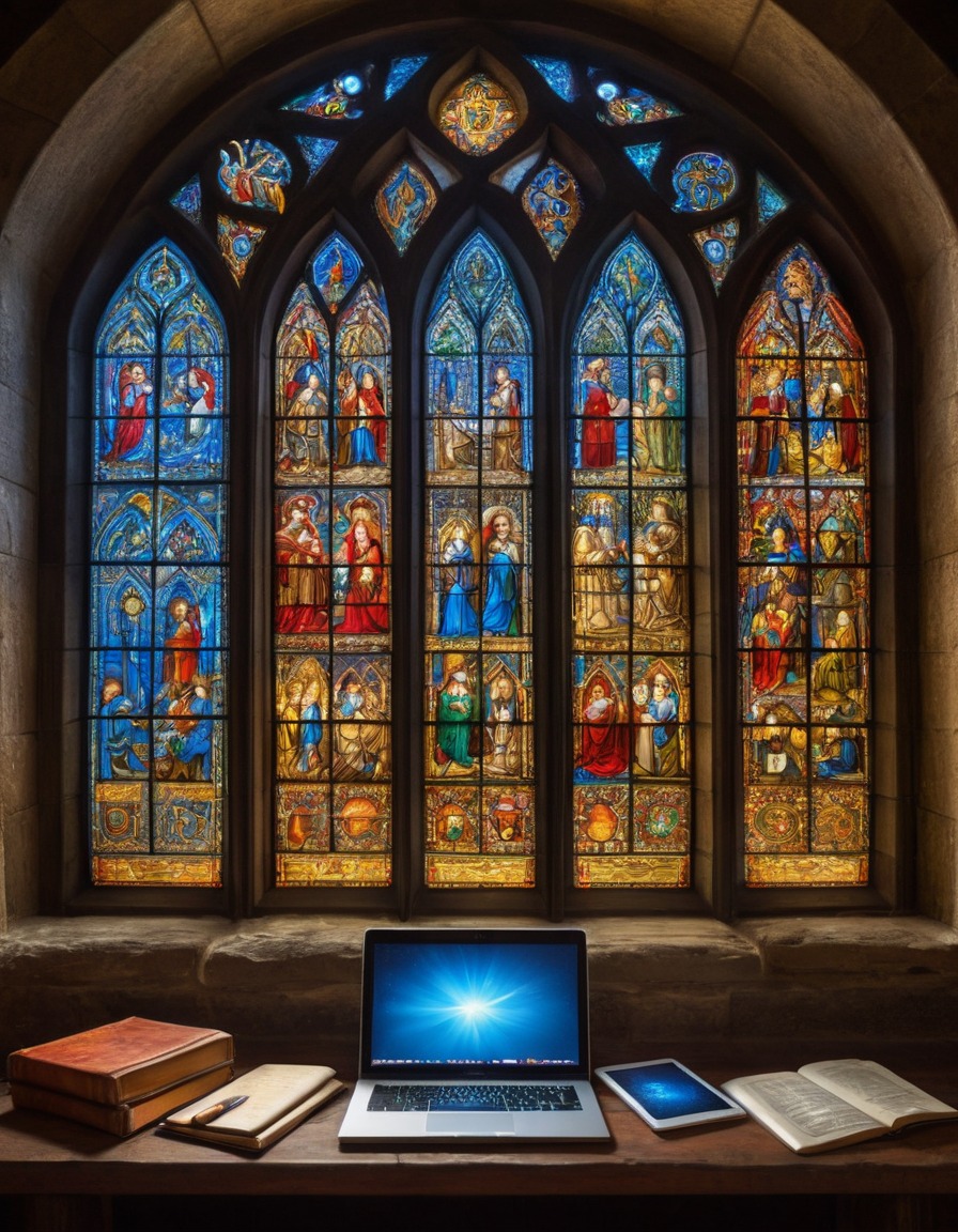 medieval, stained glass window, technology, laptops, tablets, art