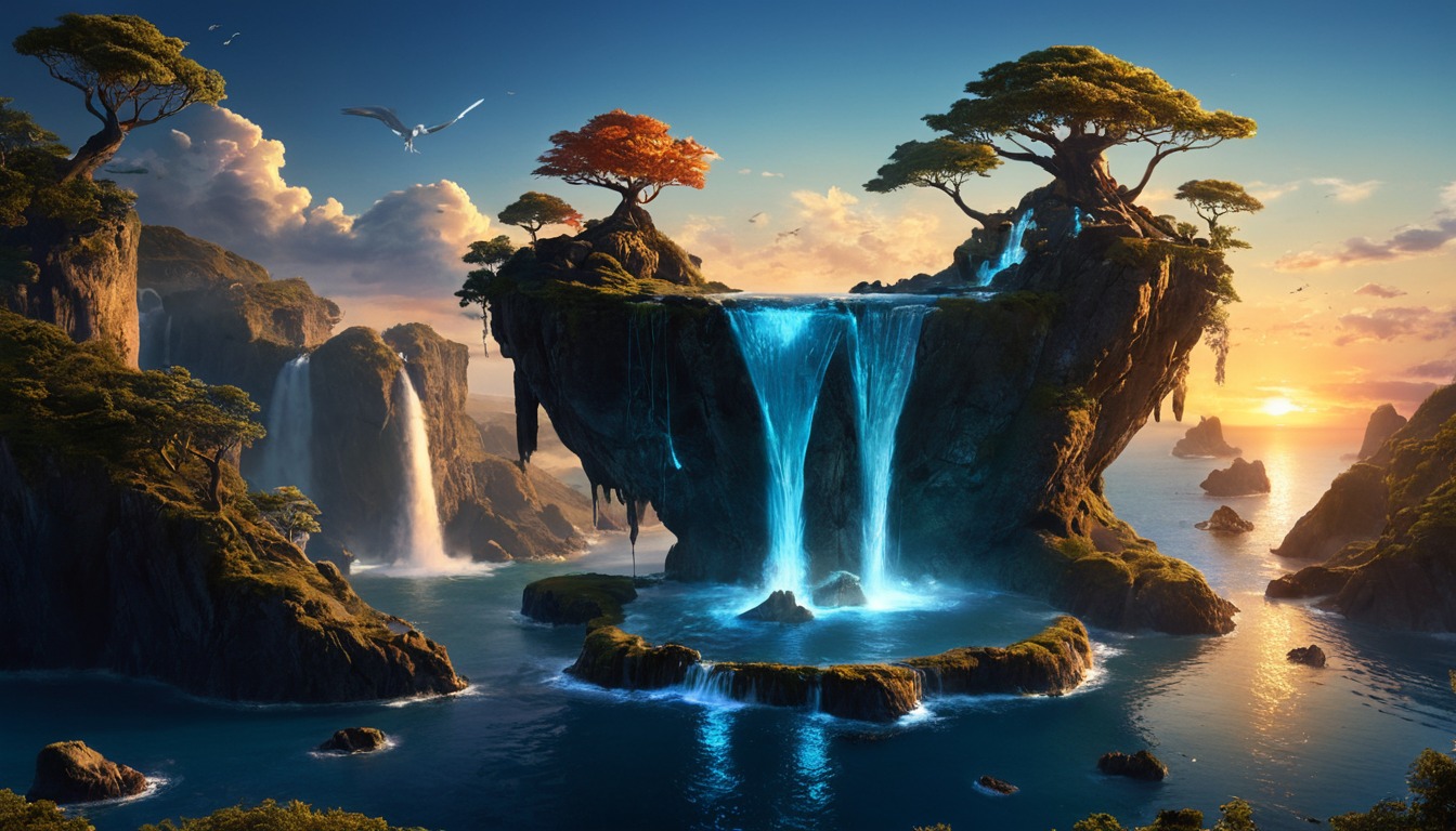 4k, 8k, cliffs, fantasy, fantasyart, fantasylandscape, island, landscapescenery, naturelandscape, sea, sunset, wallpaper, waterfall, naturebeautiful, aiart, 4kwallpaper, fantasy_wallpaper, 8kwallpaper, stablediffusion, cliffside, waterfallscenery