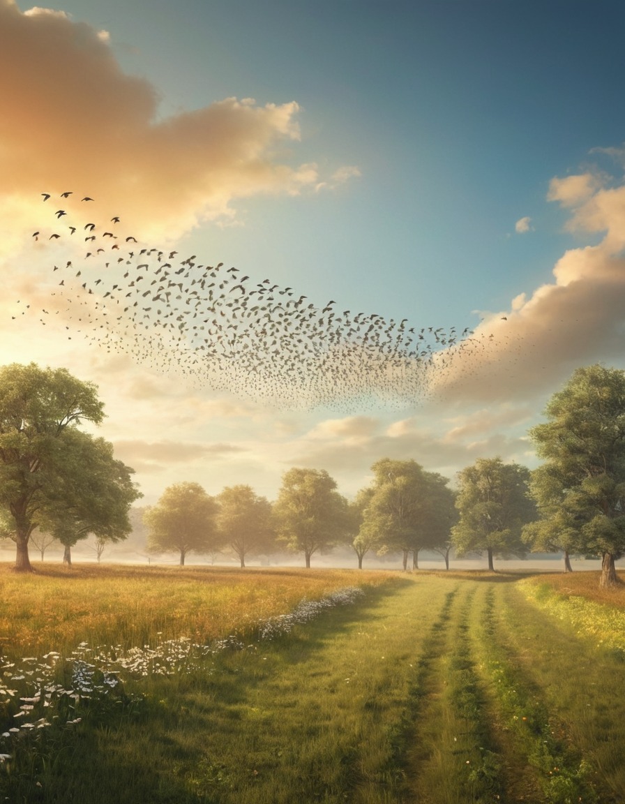 birds, flock, soaring, meadow, nature, wildlife