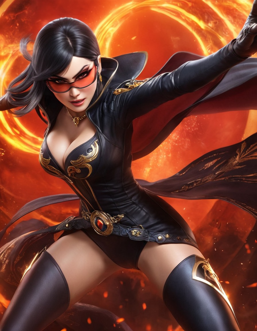 bayonetta, video game character, action, fiery background, powerful pose, magic, combat, games, girls from games