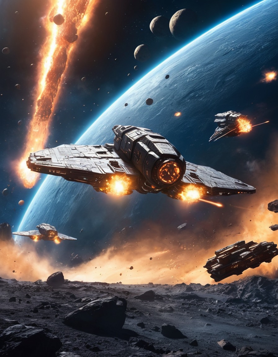 space, spacecraft, asteroid field, highspeed chase, fleet, space scene