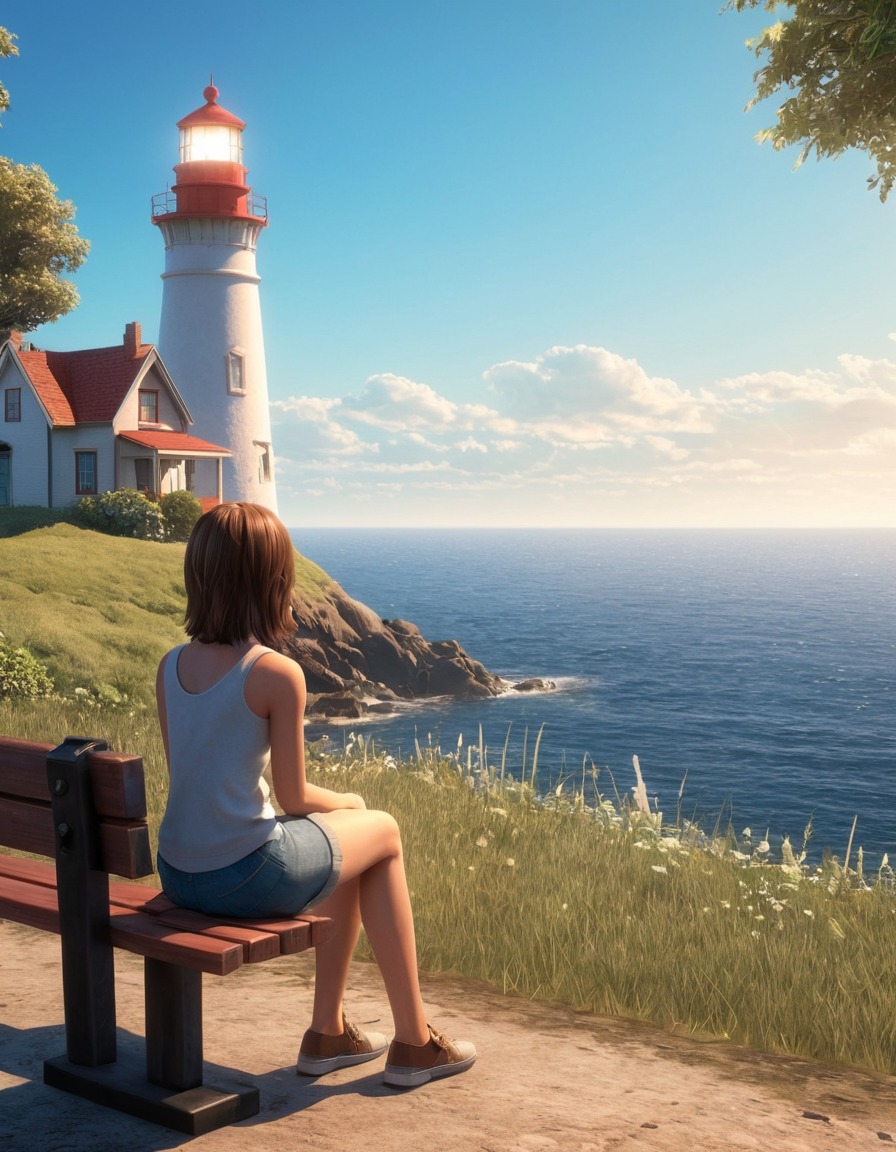 max caulfield, bench, lighthouse, ocean, contemplation, games, girls from games