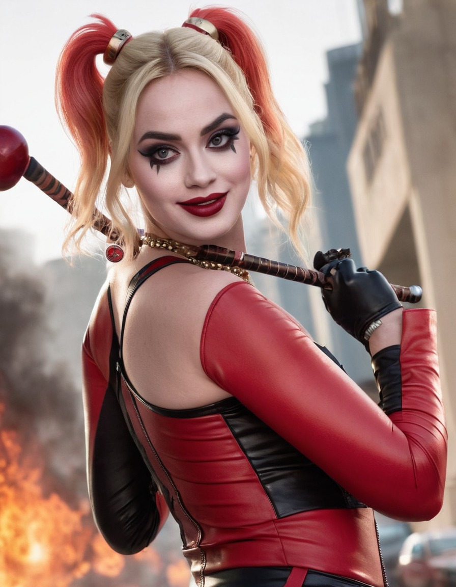 adele, harley quinn, music artist, dc comics, superheroine, action scene, transformation