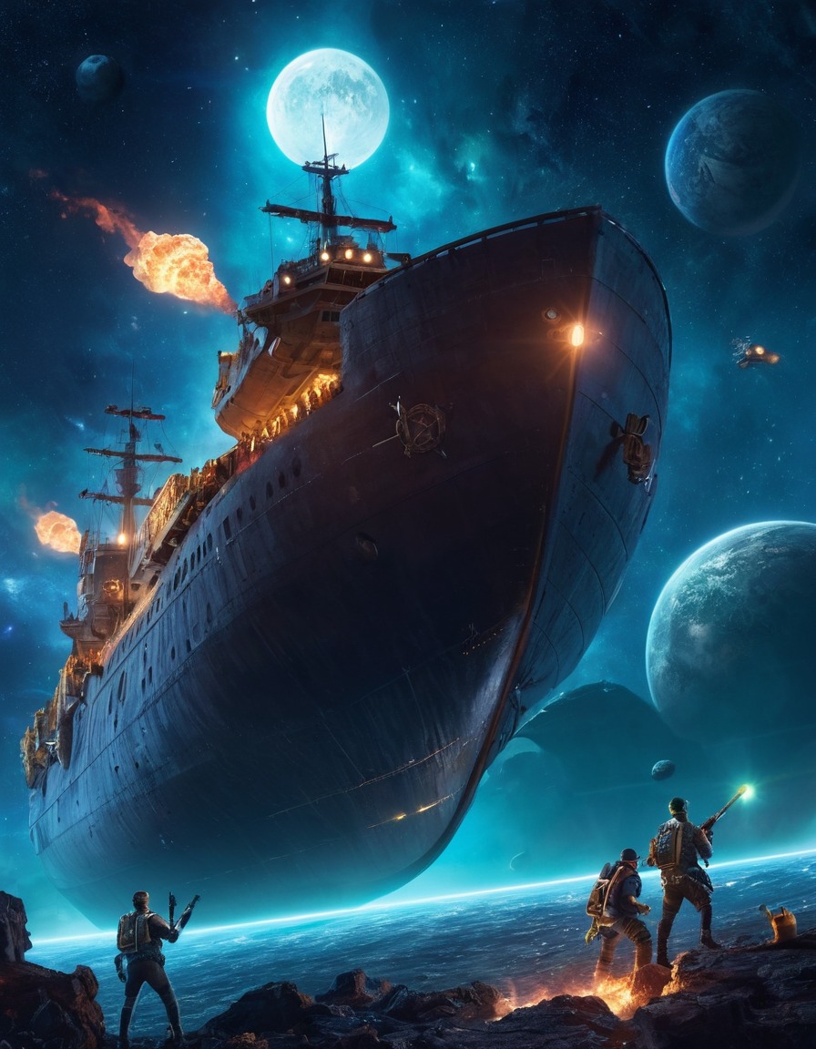 space pirates, looting, cargo ship, space scene, outer space, plundering, interstellar