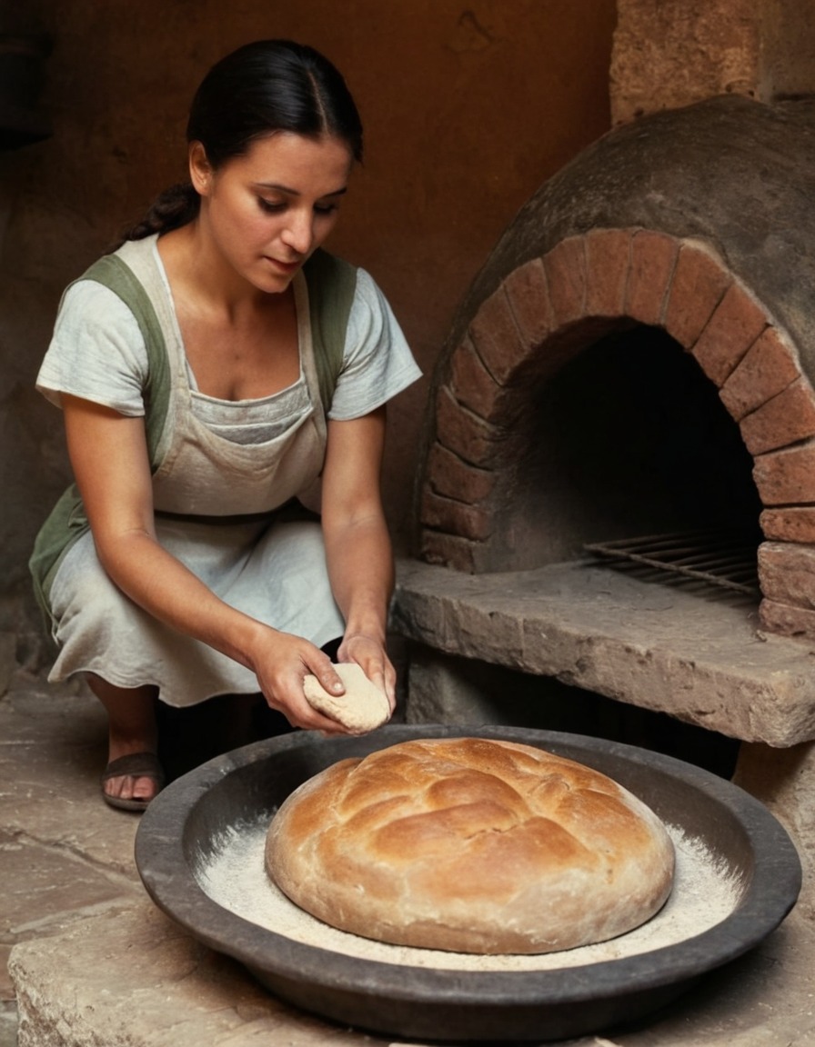 ancient rome, baking bread, clay oven, 150 ad, culinary history, ancient civilizations, food preparation