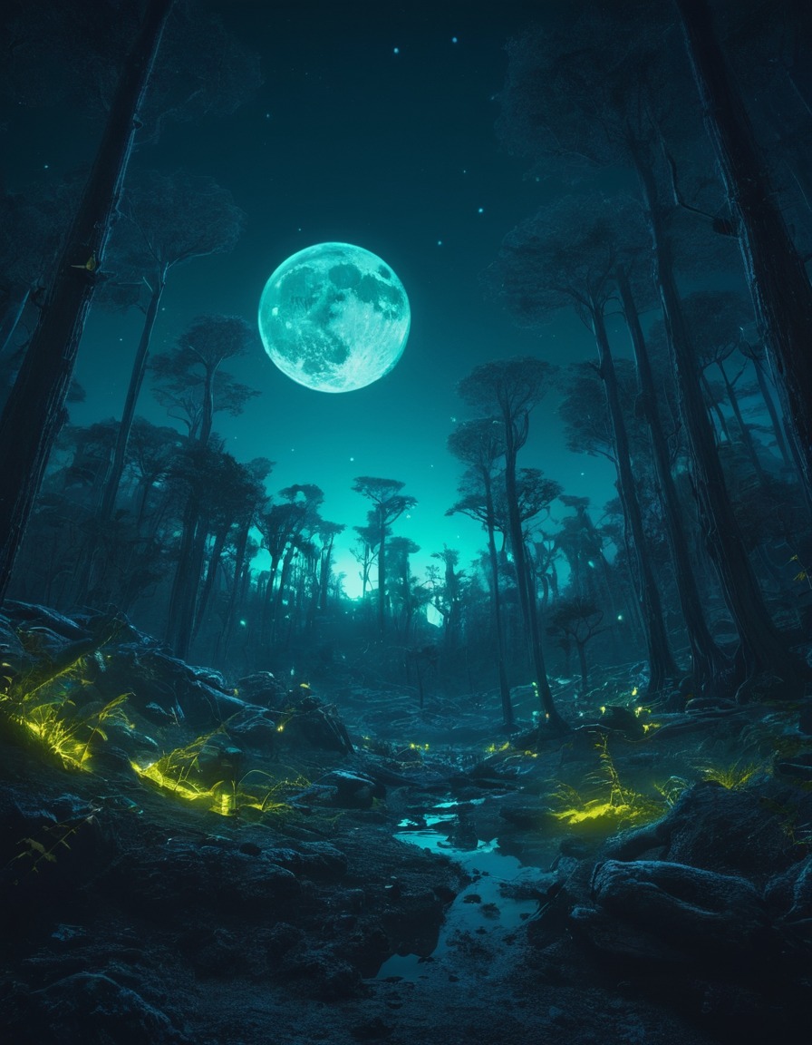 alien world, mystical, forest, multiple moons, glow, space, stars