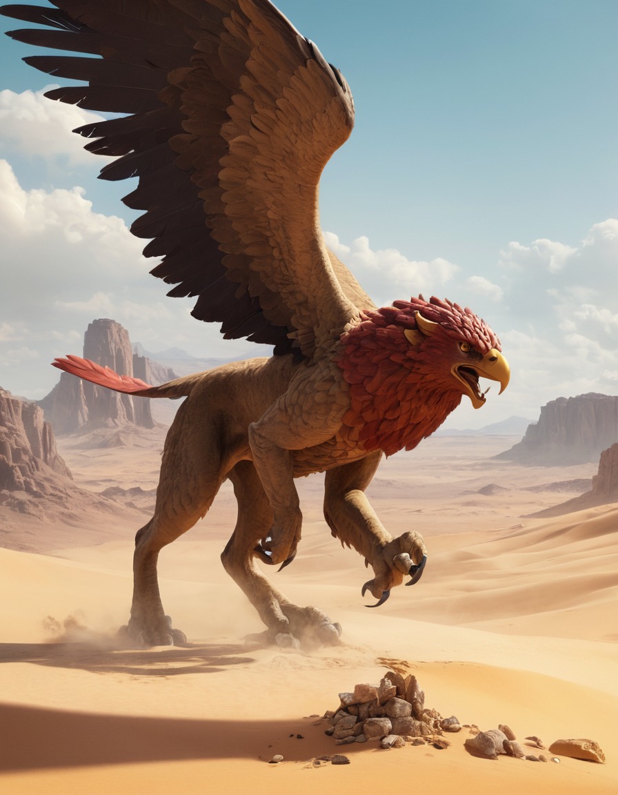 griffin, fantasy, treasure, desert, mythical creature