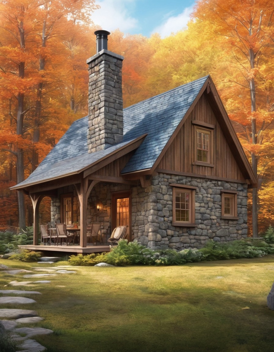 cabin, woods, cozy, digital painting, weathered wood, stone chimney