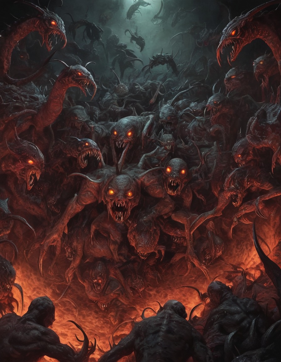 hell, swarmed, hideous creatures, horror, demonic, souls, underworld