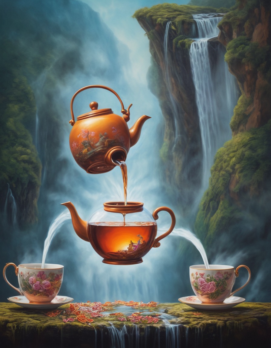 teapot, tea, waterfall, cup, surreal