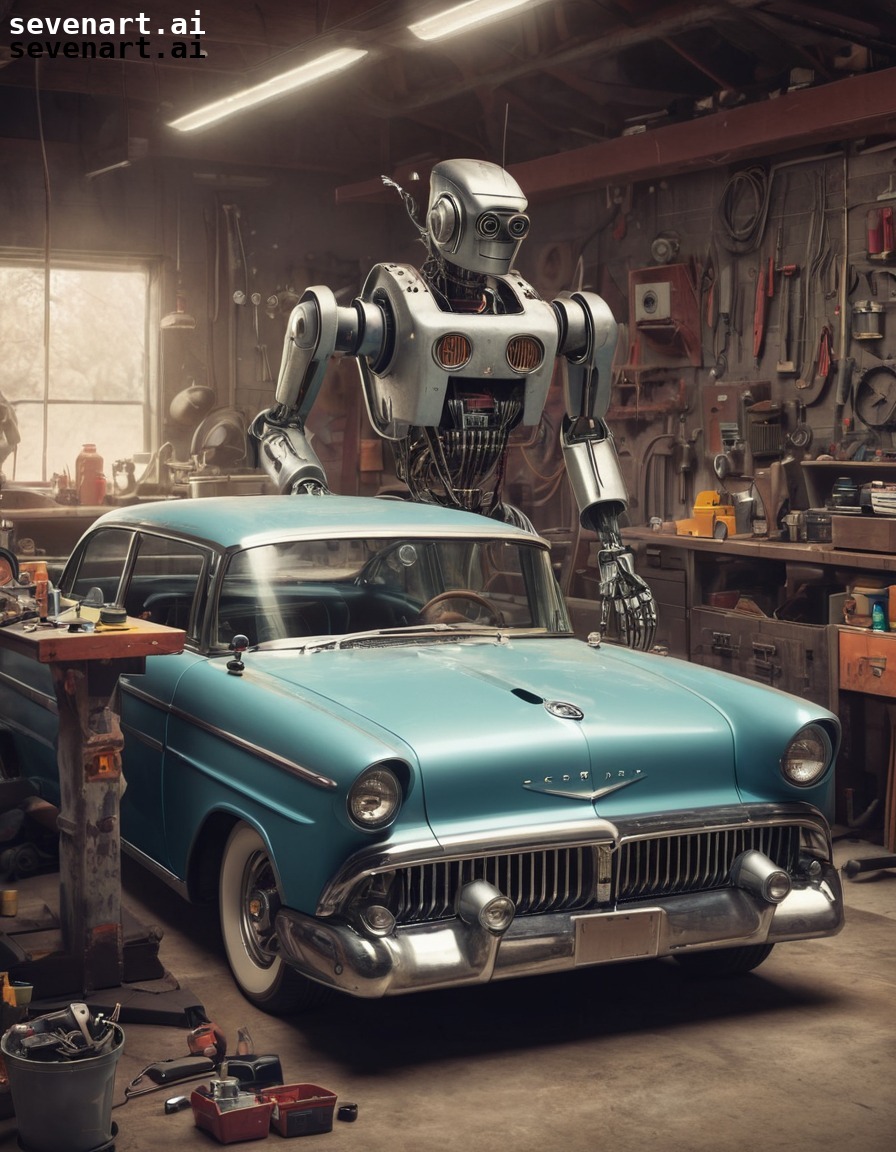 robot mechanic, vintage car, garage, repair, automotive, robots